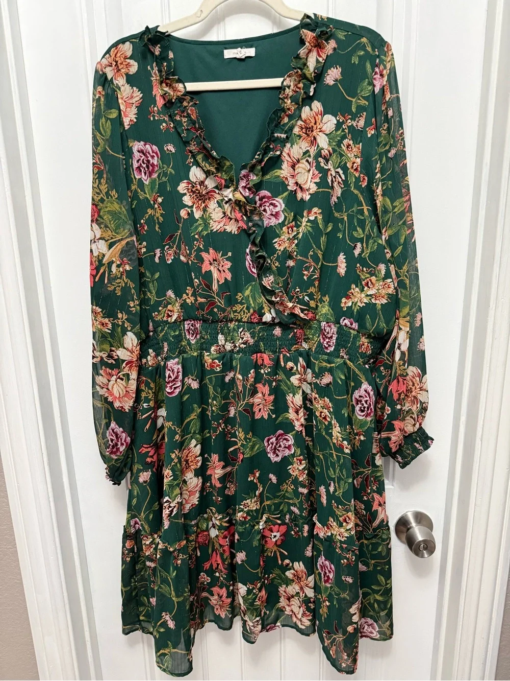 Maurices Womens 3X Green Pink Floral V-Neck Long Sleeve Ruffle Dress (G-8)